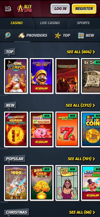Allyspin Casino games area on a mobile screen