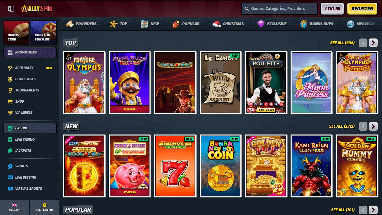 Allyspin Casino games area on a desktop screen