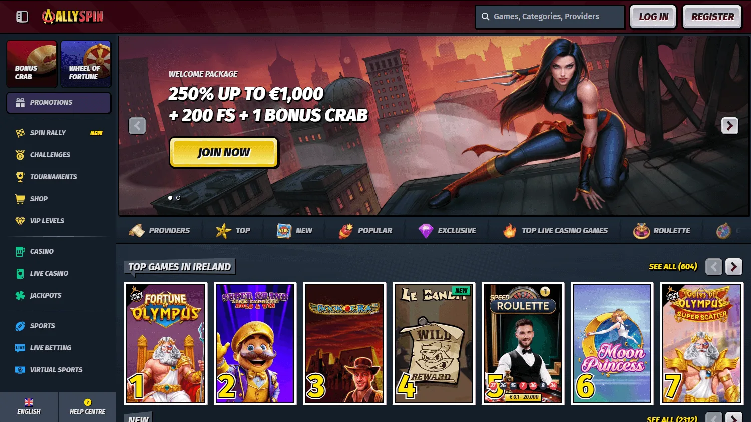 Allyspin Casino home page on a desktop screen