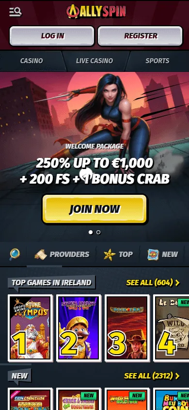 Allyspin Casino home page on a mobile screen