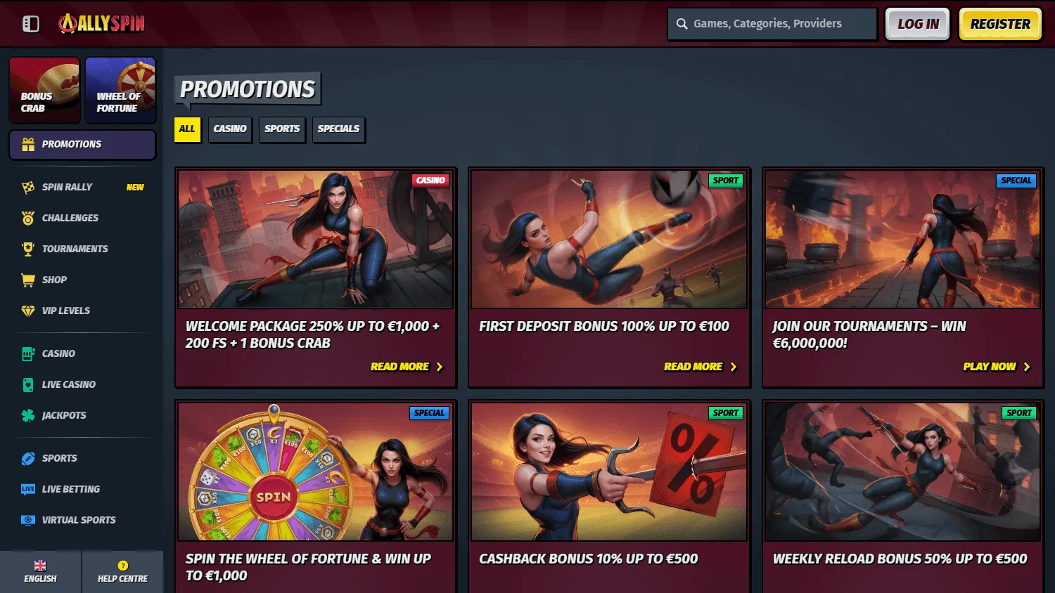 Allyspin Casino promotions area on a desktop screen