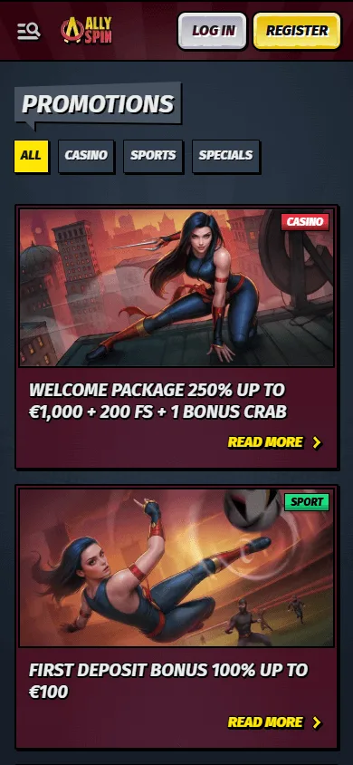Allyspin Casino promotions area on a mobile screen